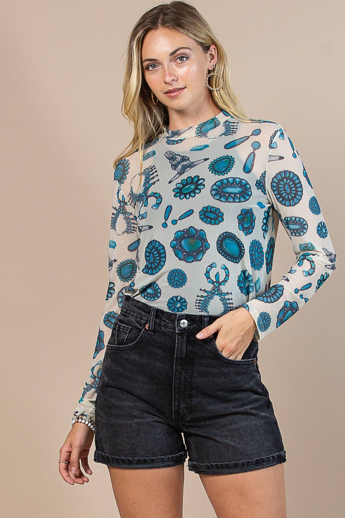 LOURDES TURQUOISE PRINT MESJ TOP