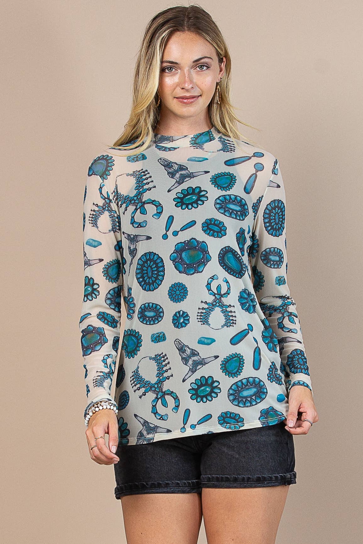 LOURDES TURQUOISE PRINT MESJ TOP