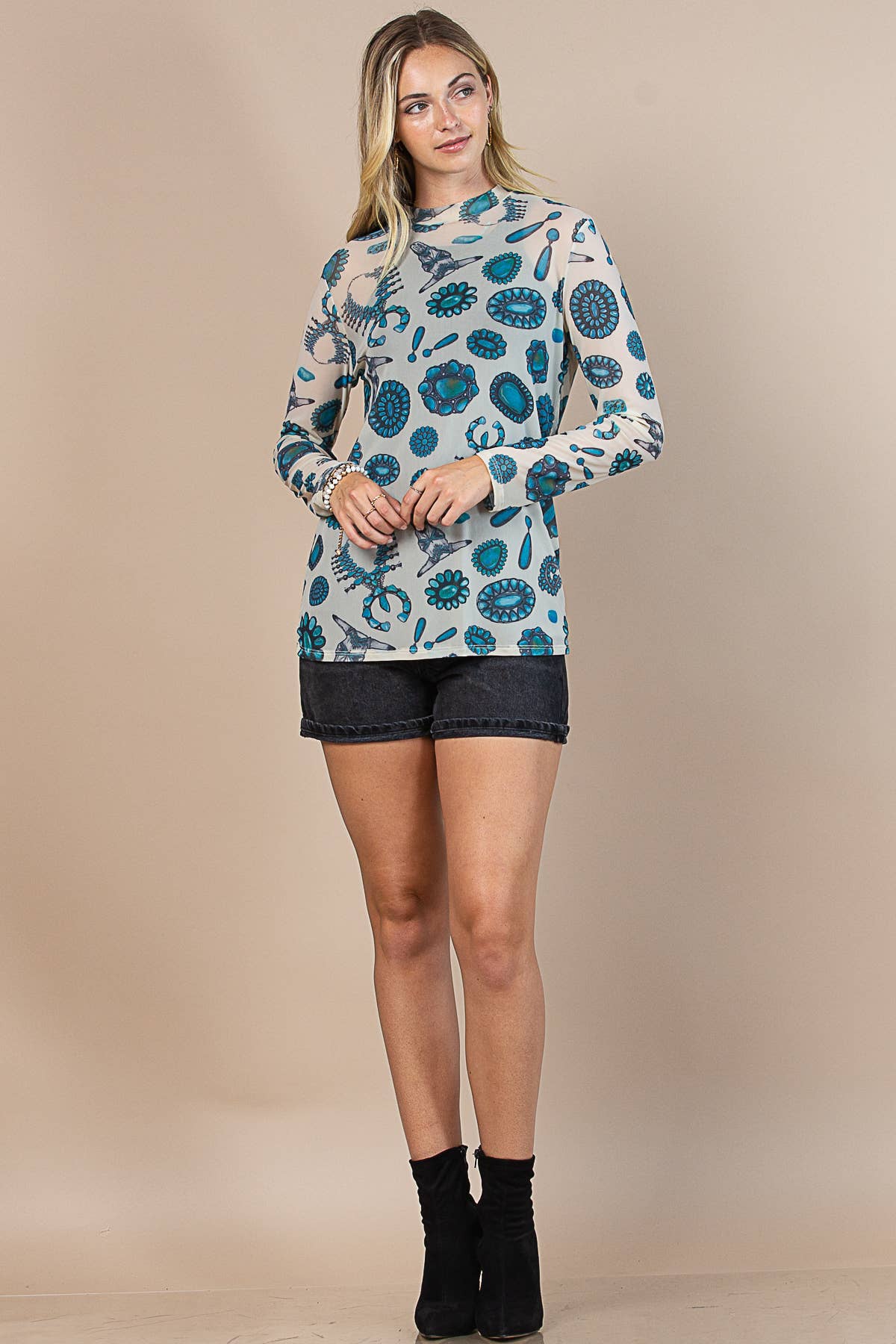 LOURDES TURQUOISE PRINT MESJ TOP