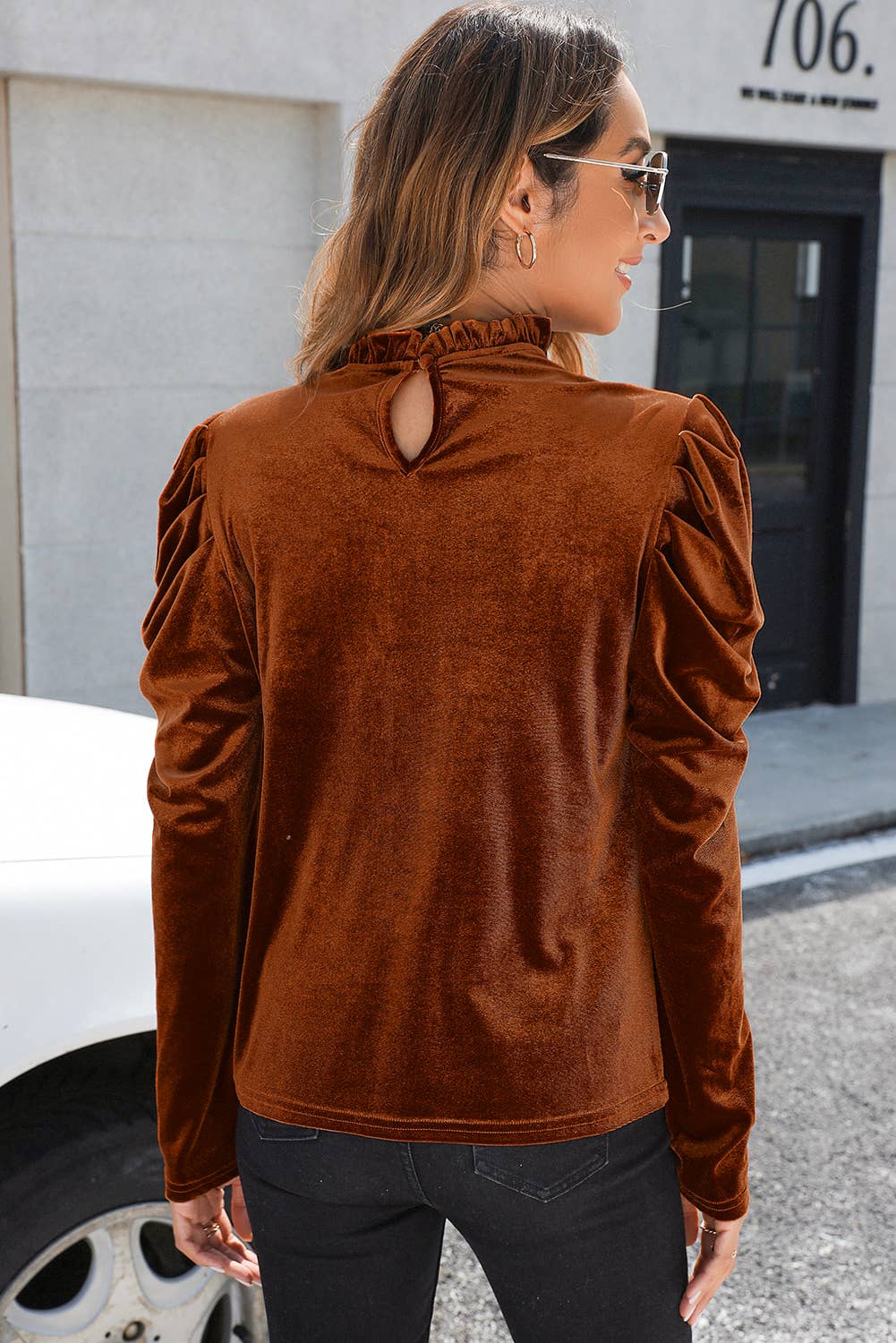 Chestnut Frilled Collar Puff Sleeve Velvet Top