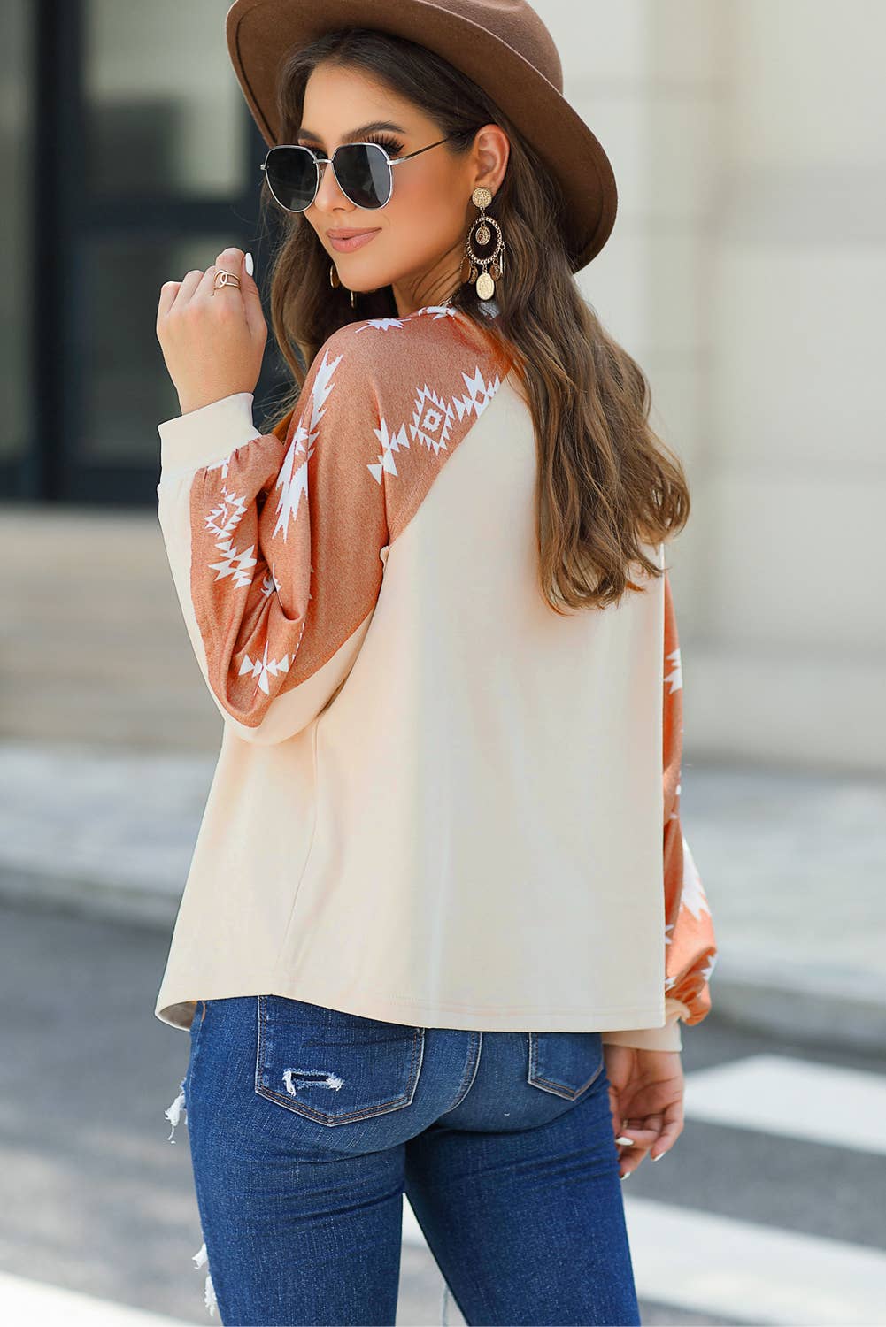 Apricot Western Print Patch Long Sleeve Top