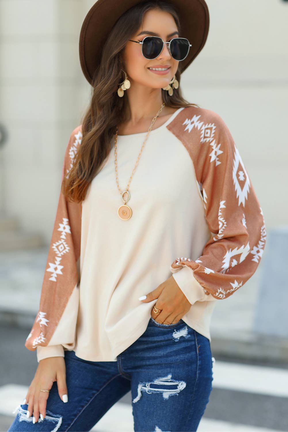 Apricot Western Print Patch Long Sleeve Top