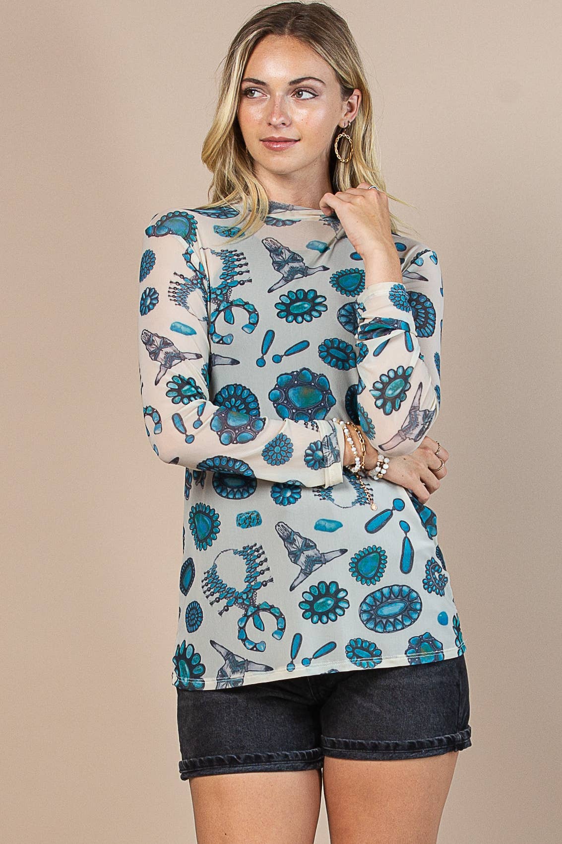 LOURDES TURQUOISE PRINT MESJ TOP