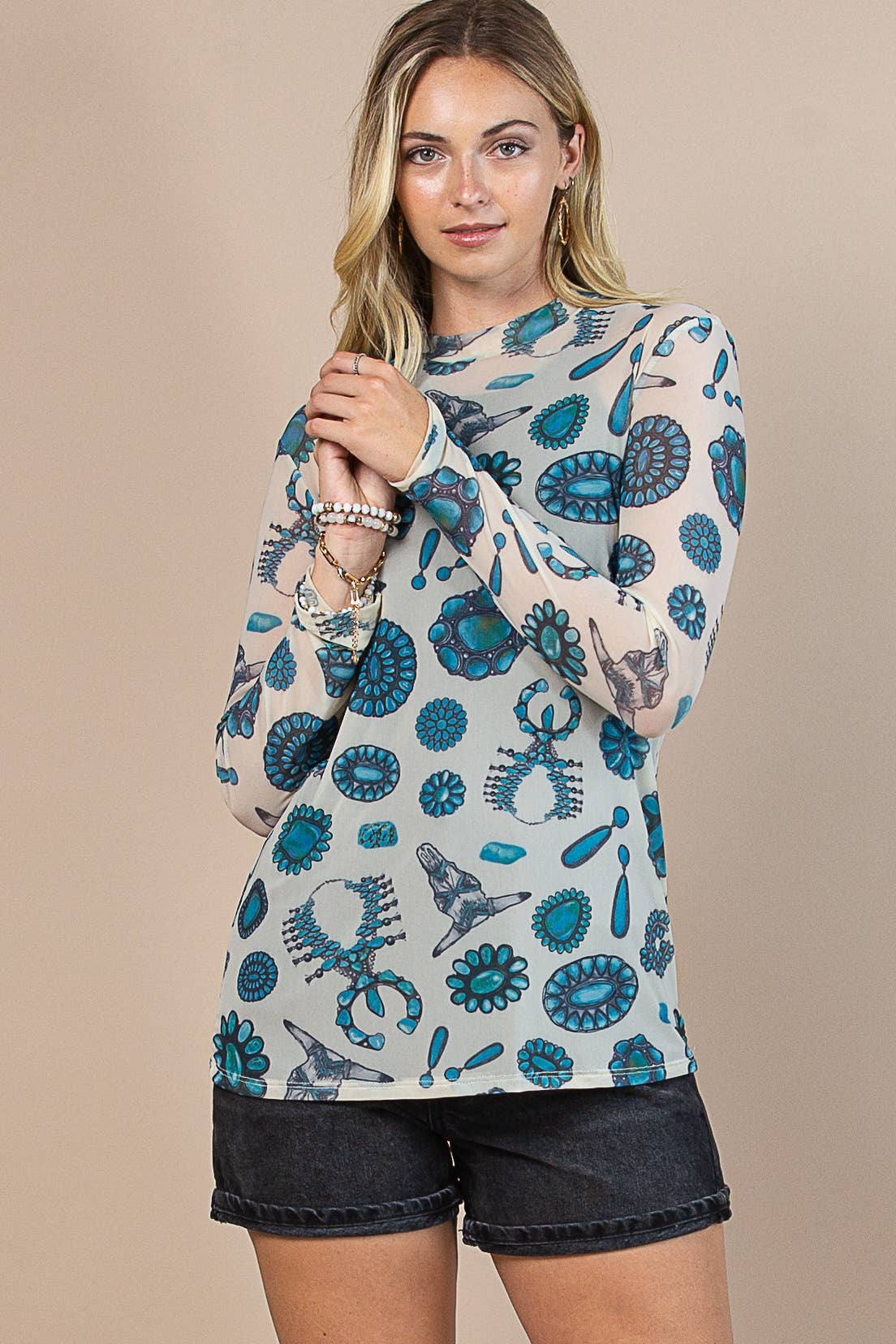 LOURDES TURQUOISE PRINT MESJ TOP