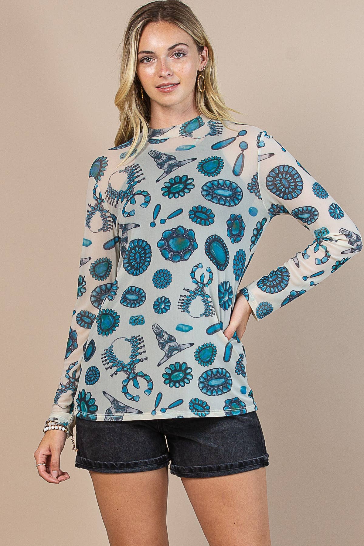 LOURDES TURQUOISE PRINT MESJ TOP