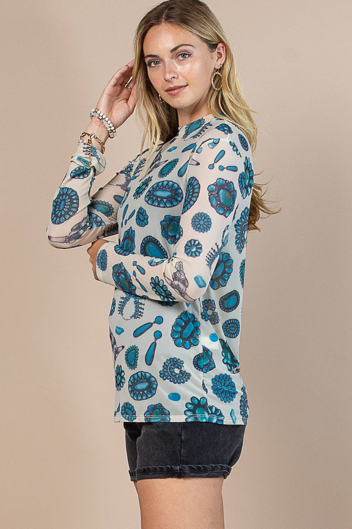 LOURDES TURQUOISE PRINT MESJ TOP