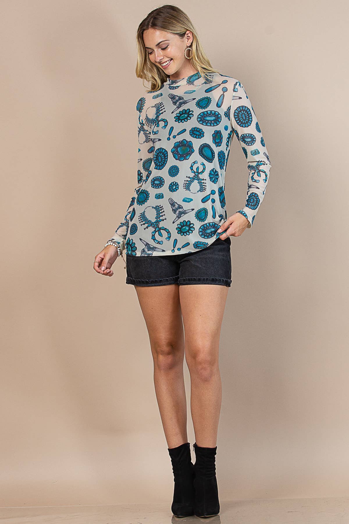 LOURDES TURQUOISE PRINT MESJ TOP