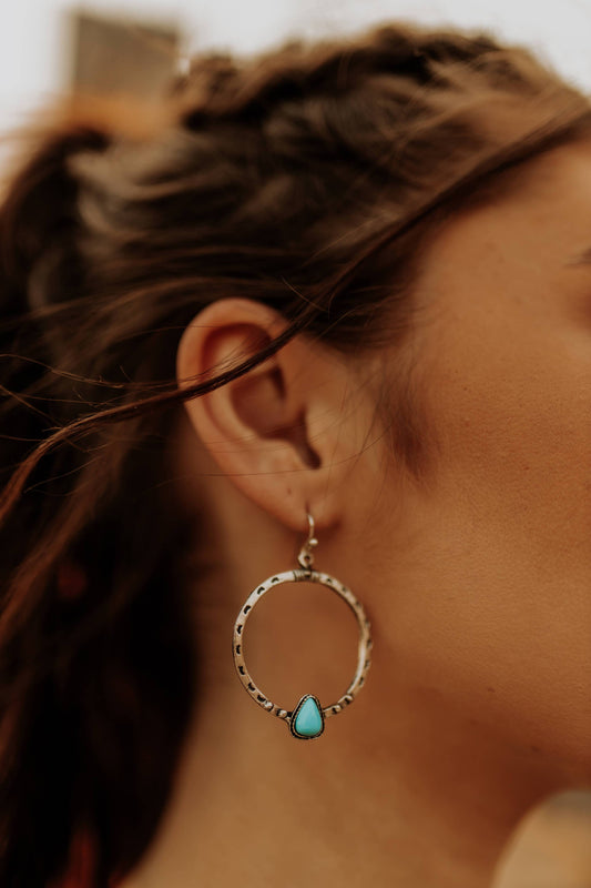 Silver Stamped Turquoise Hooped Earrings